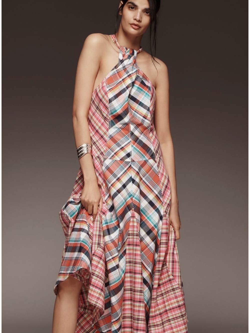Anthropologie Pilcro Coral Pink Plaid Twist-Halter Asymmetrical Dress - Picture 1 of 6